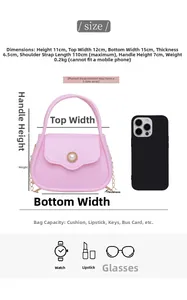 Size specifications and capacity detail of pink PVC mini jelly bag with pearl buckle