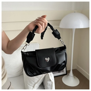Trendy Women Pleated PU Leather Shoulder Bag With Heart Metal Buckle Twisted Woven Strap Sweet Underarm Bag