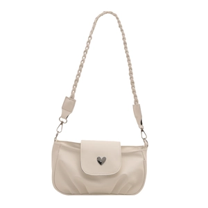 Beige pleated shoulder bag with silver heart buckle and braided rope strap for women