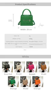 Detail specifications of crocodile texture PU handbag showing seven colors and dimensions