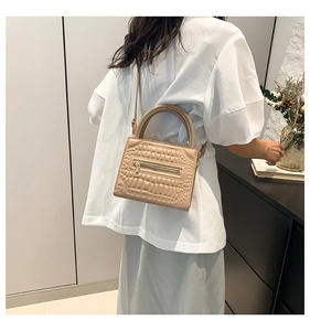 Detail of beige crocodile pattern crossbody bag with golden zipper and top handle