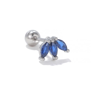 Detailed side view of marquise-cut blue zircon cartilage stud with a screw back ball