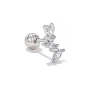 Macro detail of silver leaf earring with marquise gems and secure screw back ball