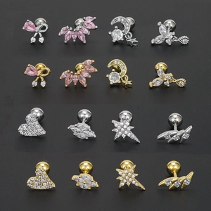 Set di 16 orecchini a lobo con fiocco e cuore in zircone rosa, finiture oro e argento
