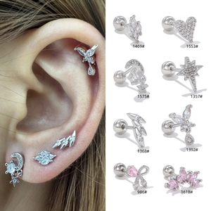 8-piece set of silver bow and heart stud earrings with pink zircon for ear cartilage