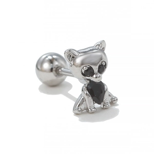 Detail von Katzen-Ohrklemme aus Silber mit schwarzem Herz-Edelstein und Schraubkugel