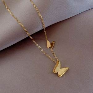 Double butterfly necklace in rose gold finish with matte and polished texture details