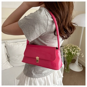 Women Patent Leather Underarm Bag Vintage Glossy PU Baguette Bag With Metal Buckle Minimalist Shoulder Handbag