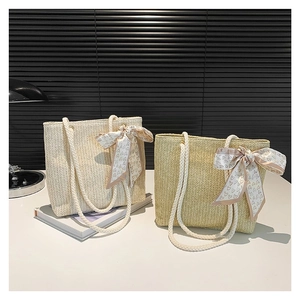 Women Casual Straw Woven Shoulder Bag Summer Beach Bucket Bag With Satin Scarf Bow Rope Handle Pastoral Style Tote Bag