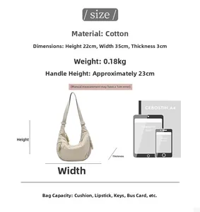 Size chart showing beige quilted nylon dumpling bag dimensions with tablet comparison