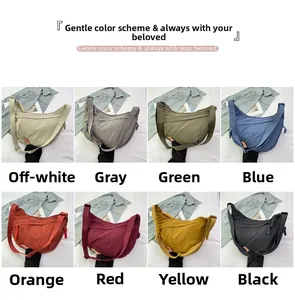 Collage of nylon dumpling bags in eight colors with adjustable wide shoulder straps