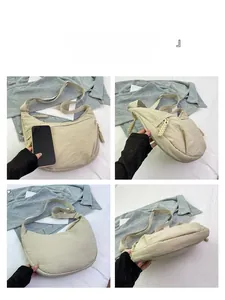Detailed views of a beige nylon crescent bag showing four angles and large capacity
