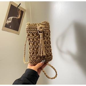 Sac De Téléphone Tissé Paille Ajouré Gland Sac Bandoulière Rétro Été Plage Vacances Style Pour Femmes