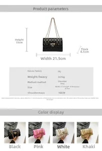 Detailed size specifications and material chart for the quilted PU leather chain bag