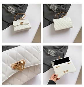Detailed views of white quilted crossbody bag with gold chain and studded twist lock