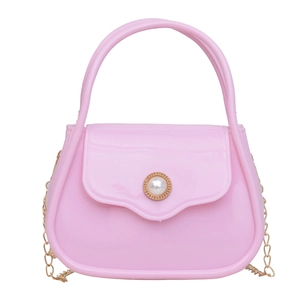 Pink mini PVC jelly bag with pearl decor and detachable gold chain strap for women