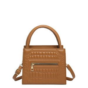Brown crocodile embossed square handbag with top handle and gold zipper detail