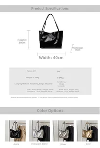 Detailed view of large PU tote bag size specifications and four metallic color options