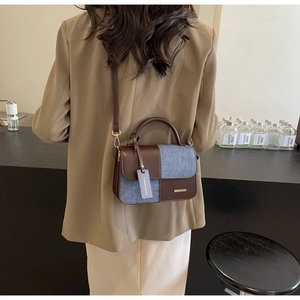 Retro contrast patchwork handbag with brown leather and denim blue fabric shoulder strap