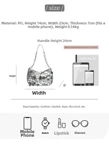 Size chart showing silver sequin shoulder bag dimensions 23x14x7cm and material info