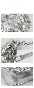 Detail view of silver sequin handbag featuring a metal zipper and fine stitching accents