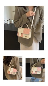 Detail shots showing multi-angle views of a stylish two-tone crossbody square bag on a model