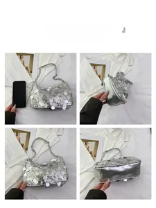 Detailed views of silver sequin shoulder bag showing front, side, and size comparison