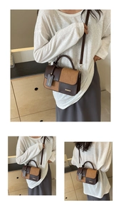 Detail of color-block crossbody bag featuring mixed smooth leather and suede textures