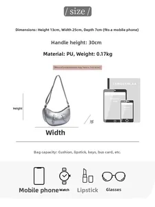 Size guide for silver crescent bag showing 25x13x7cm dimensions and daily capacity