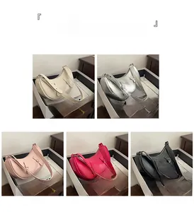 Collage of chic crescent underarm bags in cream, silver, pink, rose, and black colors