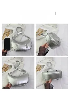 Detailed views of the silver metallic crescent hobo bag from multiple angles and perspectives
