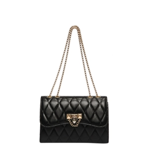 Elegant black quilted chain shoulder bag with gold square lock and diamond pattern