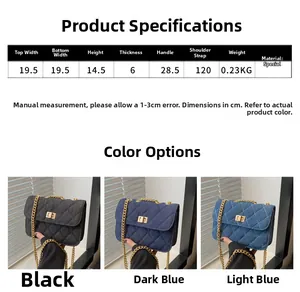 Quilted denim chain crossbody bag dimensions and multi-color options display