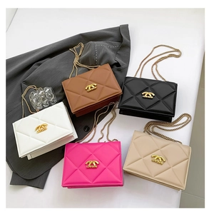 Detail of quilted leather chain bags in various colors with golden brand buckles
