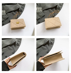 Detail view of beige quilted leather chain bag with double-C logo from four angles