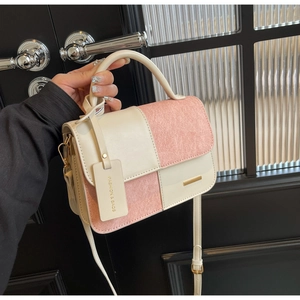 Retro contrast color patchwork leather crossbody handbag for women with gold hardware