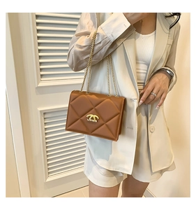 Close-up of brown quilted leather bag with golden chain strap and metal logo