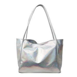 Minimalist silver holographic tote bag with large capacity and double thin shoulder straps