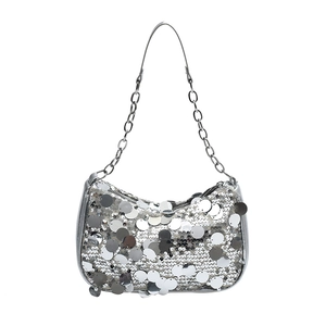 Chic silver sequin crescent shoulder bag with metallic chain strap for parties