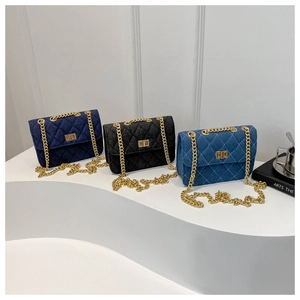 Summer trendy denim crossbody bags with diamond quilting and gold chain strap in three colors