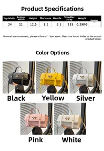 Detailed size chart and multi-color options for minimalist crossbody bag with metal bow