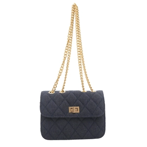 Navy blue denim crossbody bag with quilted diamond pattern and gold chain strap