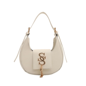 Sac hobo blanc cassé minimaliste avec logo SS doré et pendentif à pompon