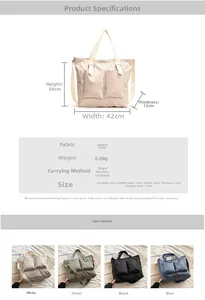 Detailed view of canvas tote bag dimensions and specifications showing large front pockets