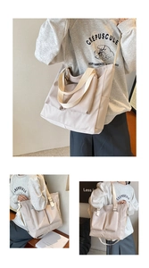 Detail showing versatile off-white canvas tote with multi-pockets and dual shoulder straps