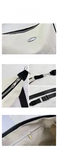 Detailed views of beige leather texture, silver hardware, and lining of the shoulder bag