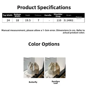 Detailed size chart for drawstring bucket bag with dimensions and strap length info