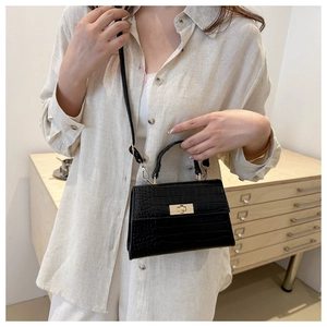 Elegant black crocodile texture small square bag with gold rotary buckle and top handle