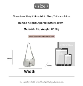Size chart showing 22x14x7.5cm dimensions and capacity for this white PU leather shoulder bag