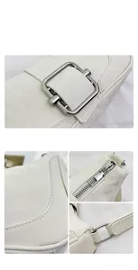 Detailed views of high-quality PU leather texture, silver buckles, and zipper of the bag